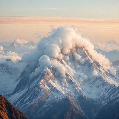 The primary subject of the image is a large, snow-covered mountain with a cloudy sky above it. The mountain is surrounded by a beautiful landscape, and the sky is filled with clouds. The visual style of the image is a combination of photo and digital art, creating a stunning and realistic representation of the mountain and its surroundings. The colors and mood of the image are predominantly cool and serene, with the snowy mountain and cloudy sky evoking a sense of tranquility and awe.